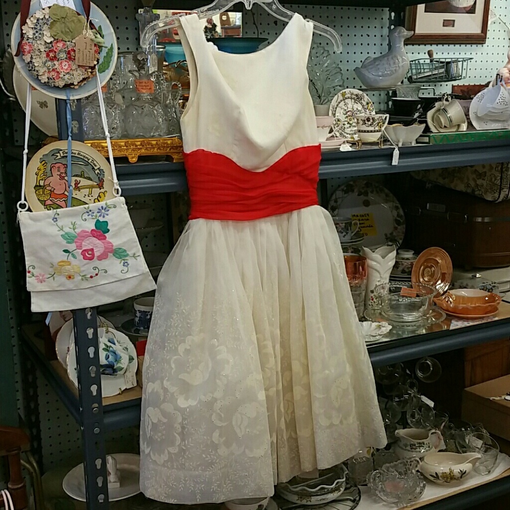 Vintage Cream and Red Prom Dress